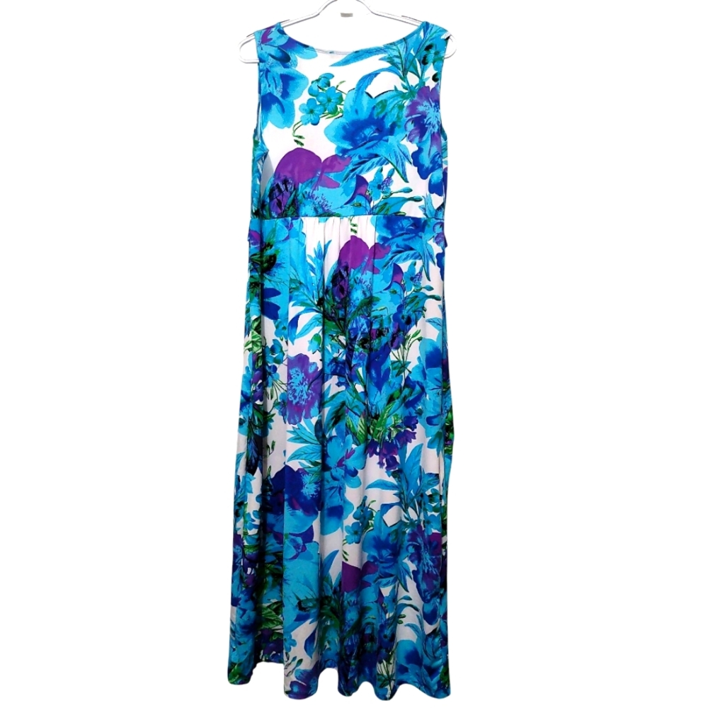 Elementz Blue and Green Tropical Floral Maxi Dress Large - Picture 4 of 7